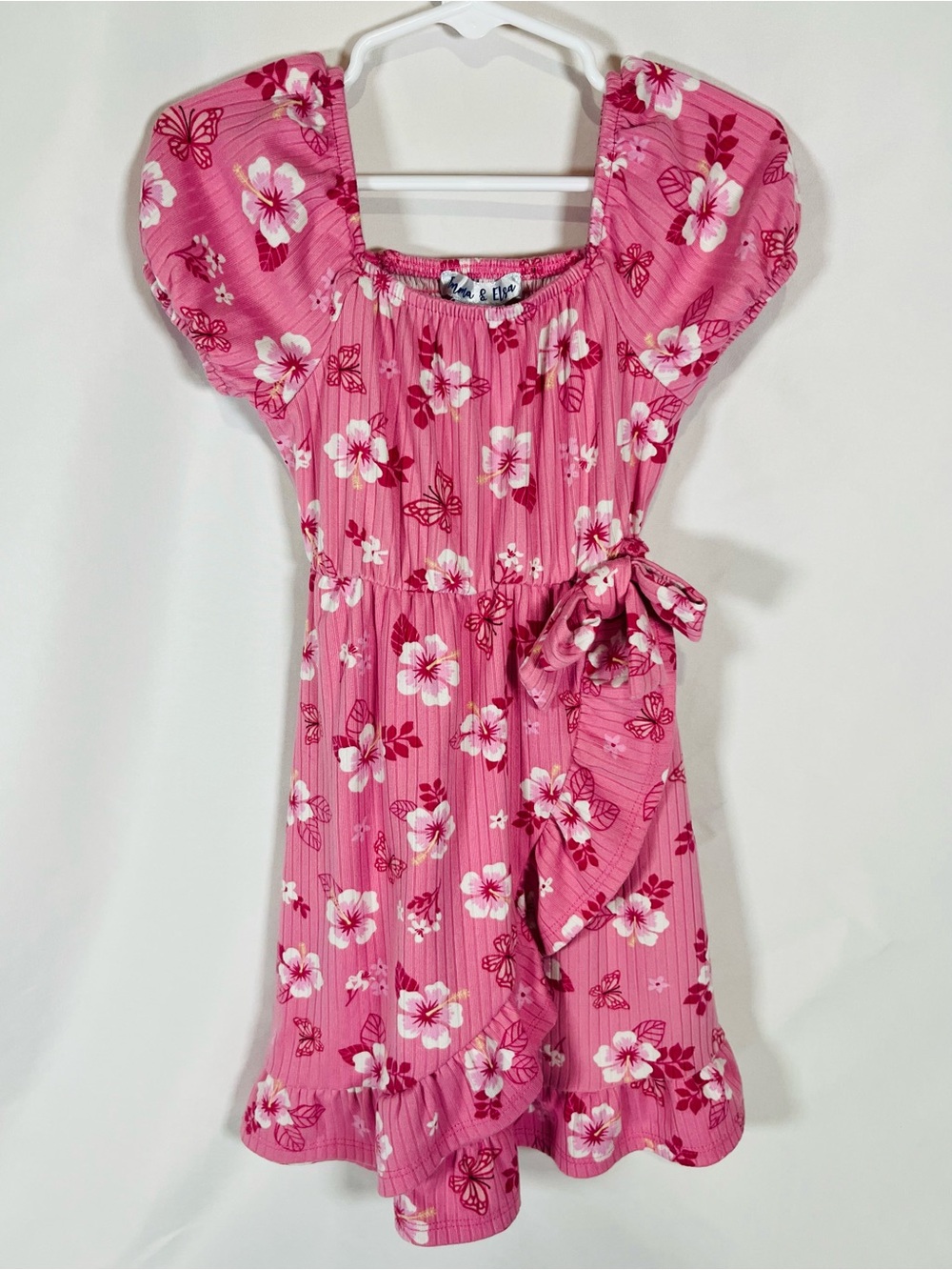 Girls' Floral Puff-Sleeve Pink Dress with Tie Waist